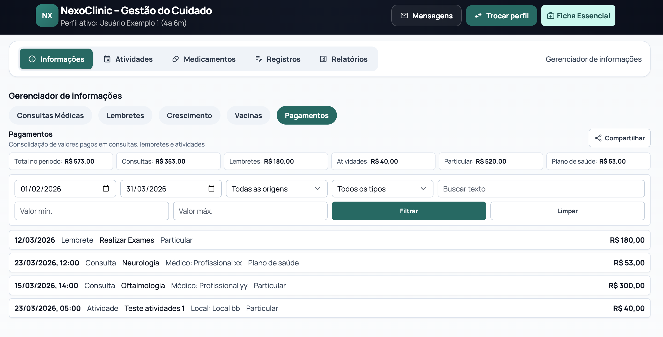 Tela de pagamentos com consolidação de gastos por período