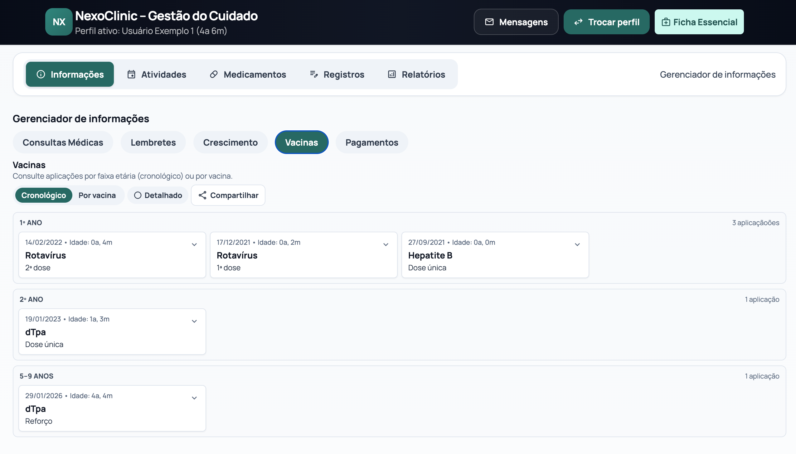 Tela de vacinas com aplicações organizadas por faixa etária