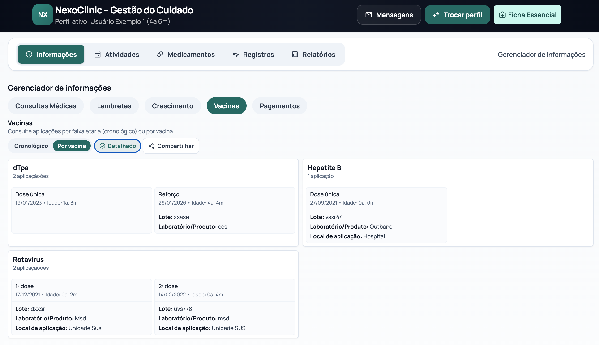 Tela de vacinas com consulta agrupada por tipo de vacina