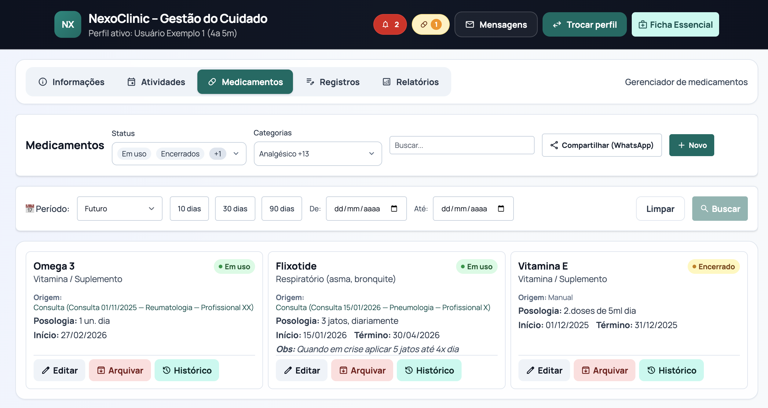 Tela de gestão de medicamentos em uso e encerrados