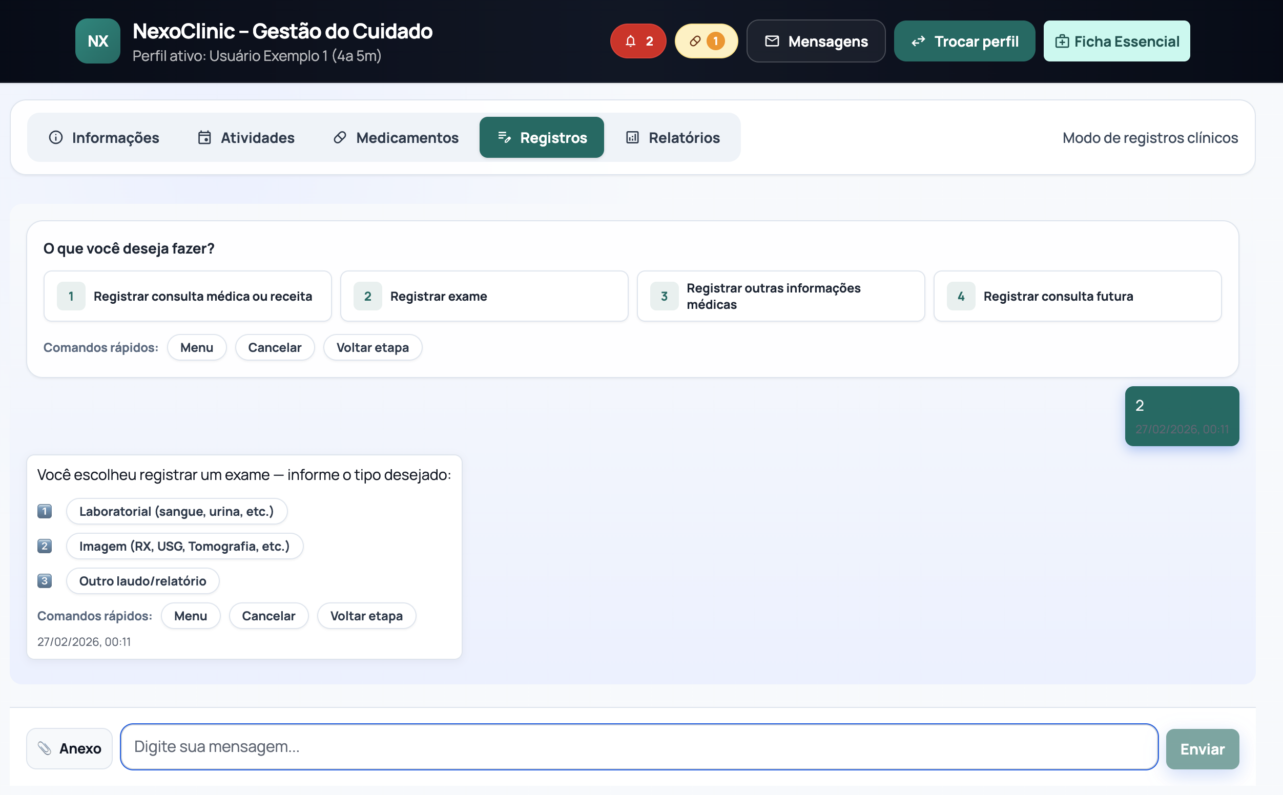 Tela de registro de exames