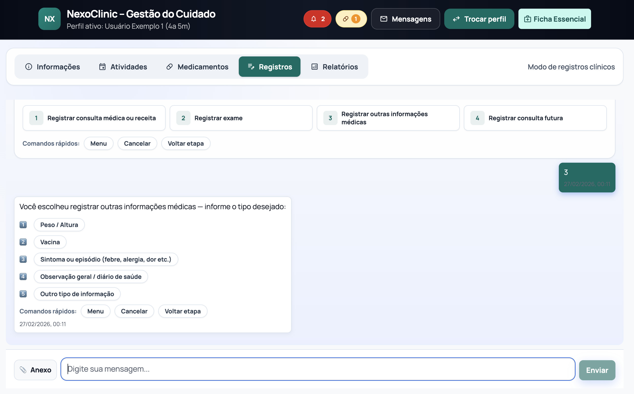 Tela de registro de outras informações clínicas