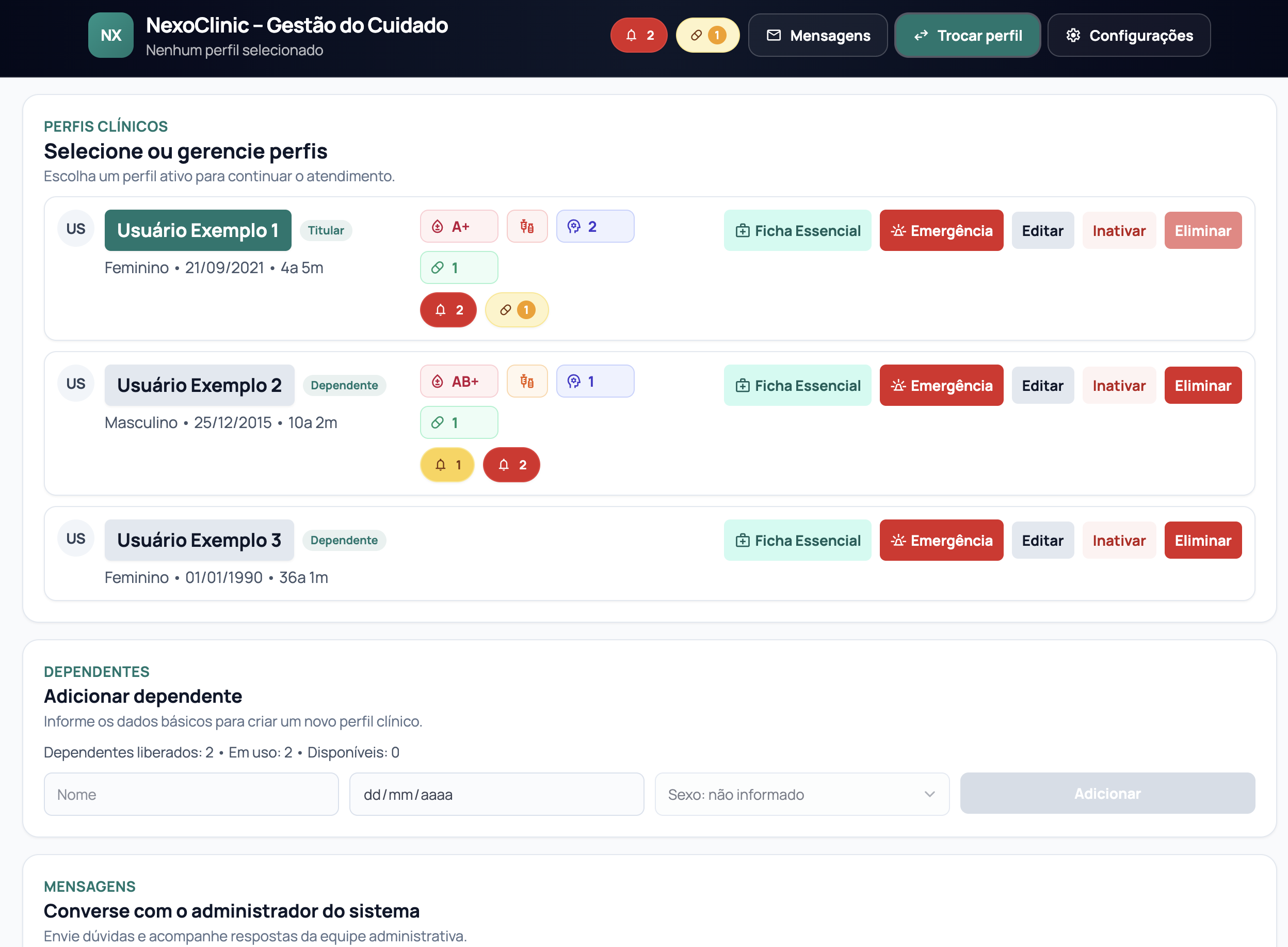 Tela de perfis com titular e dependentes organizados em cartões